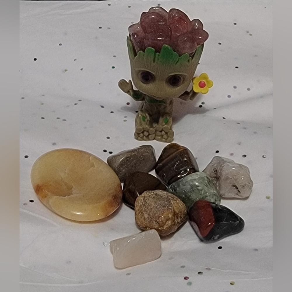 2" 3D Printed Groot with Strawberry Quartz Golden Rutilated Quartz Worry Stone
